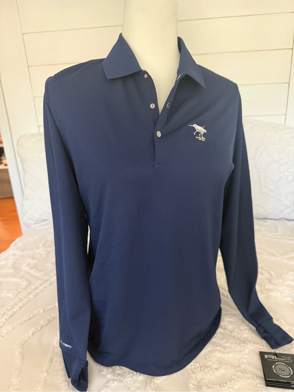 Long Sleeve Navy Polo Golf Shirt with Bird Logo